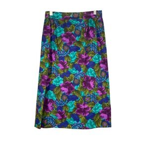 Vintage Floral Paisley Midi Skirt Purple Teal Cotton High Waist Made in USA 9/10